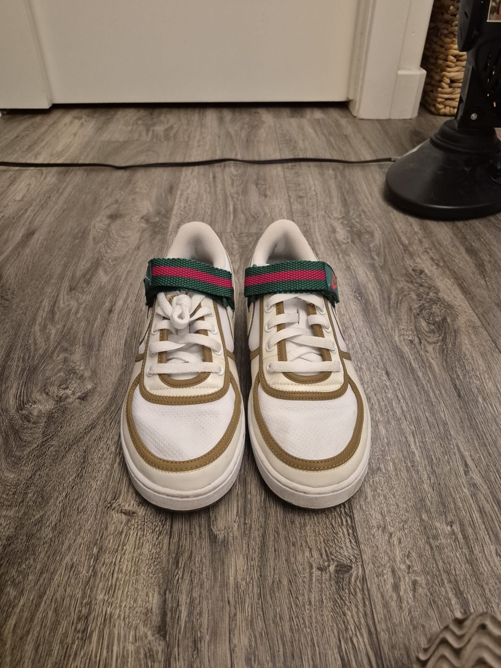 Nike White Sneakers with Green and Red Strap & Tan Trim
